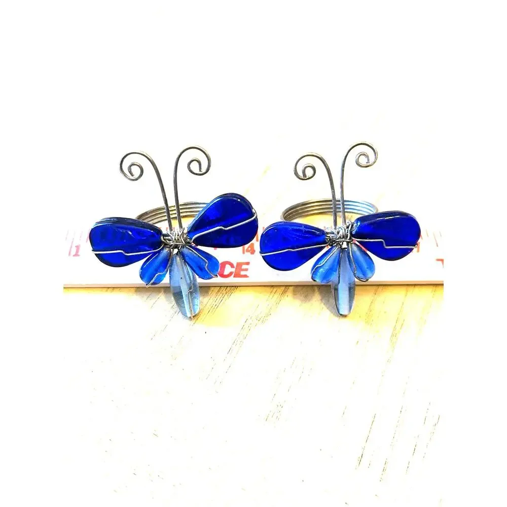 2 Vintage Butterfly Napkin Rings Blue Glass Gems Dragonfly Artsy Boho Pier 1?